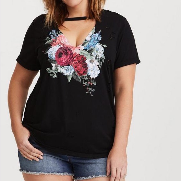 Black Spring Florals Choker Neck Tee - Picture 3 of 4